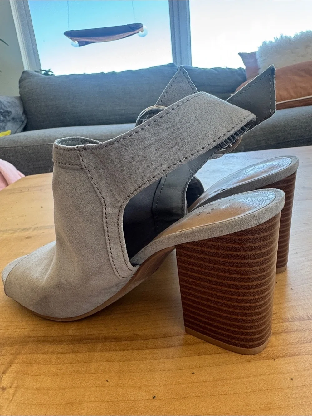a new day Gray Open-Toe Suede Ankle Strap Sandals with Round Silver Buckle